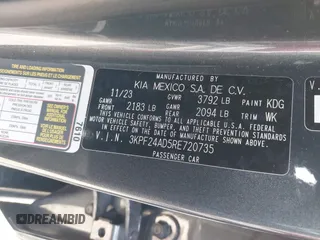 2024 Kia Forte LXS with VIN 3KPF24AD5RE720735, listed as a IAAI auction lot 41956986 with 27,967 mi miles and . Bid and sale history available at DreamBid. Image 9.