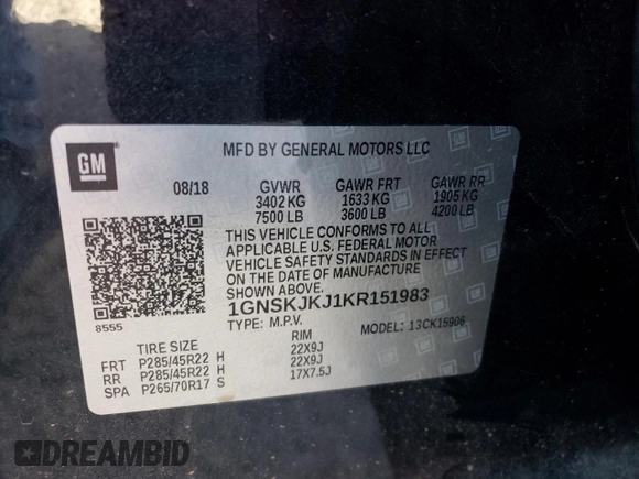2019 Chevrolet Suburban Premier with VIN 1GNSKJKJ1KR151983, listed as a Copart auction lot 68709074 with 86,611 mi miles and Salvage Title. Bid and sale history available at DreamBid. Image 12.