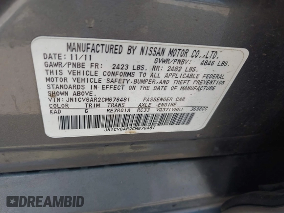 2012 Infiniti G37 x with VIN JN1CV6AR2CM676481, listed as a IAAI auction lot 42097284 with 124,871 mi miles and . Bid and sale history available at DreamBid. Image 9.