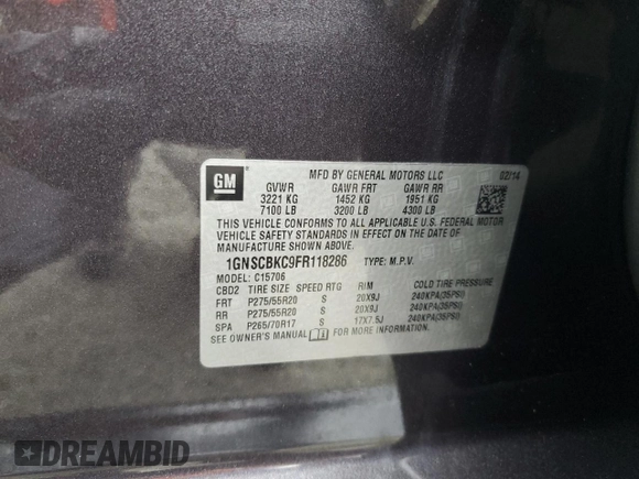 2015 Chevrolet Tahoe LT with VIN 1GNSCBKC9FR118286, listed as a Copart auction lot 56168375 with 144,824 mi miles and Salvage title. Bid and sale history available at DreamBid. Image 13.