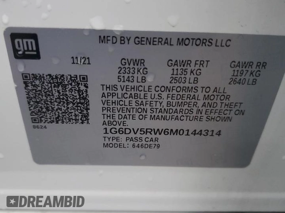 2021 Cadillac CT5 V-Series with VIN 1G6DV5RW6M0144314, listed as a Copart auction lot 45296315 with 35,030 mi miles and Salvage title. Bid and sale history available at DreamBid. Image 14.