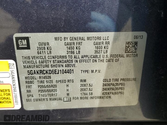 2014 Buick Enclave Premium with VIN 5GAKRCKD6EJ104401, listed as a Copart auction lot 53826985 with 204,639 mi miles and Salvage Title. Bid and sale history available at carsss.com. Image 13.