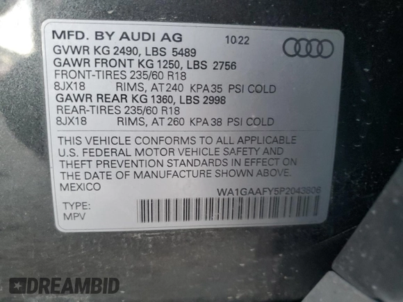 2023 Audi Q5 S line Premium with VIN WA1GAAFY5P2043806, listed as a Copart auction lot 88799155 with 50,580 mi miles and Salvage Title. Bid and sale history available at carsss.com. Image 14.