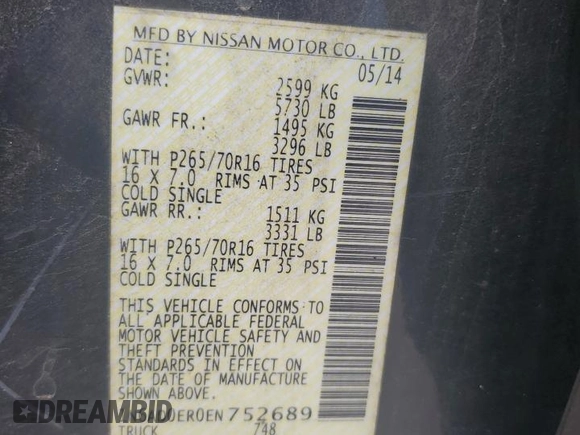 2014 Nissan Frontier SV with VIN 1N6AD0ER0EN752689, listed as a Copart auction lot 61482715 with 159,953 mi miles and Salvage title. Bid and sale history available at DreamBid. Image 12.