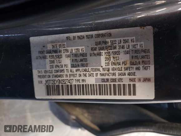 2022 Mazda CX-9 Carbon Edition with VIN JM3TCBDY9N0627407, listed as a Copart auction lot 72373964 with Not provided miles and Salvage title. Bid and sale history available at DreamBid. Image 15.