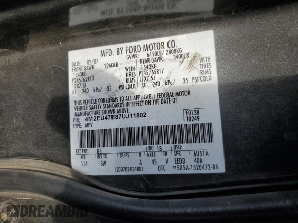 2007 Mercury Mountaineer z VIN 4M2EU47E87UJ11802, wystawiony jako Copart lot #78505744 z przebiegiem 304 790 mil mil oraz Szkoda całkowita • Salvage title. Historia ofert i sprzedaży dostępna na DreamBid. Obrazek 13.