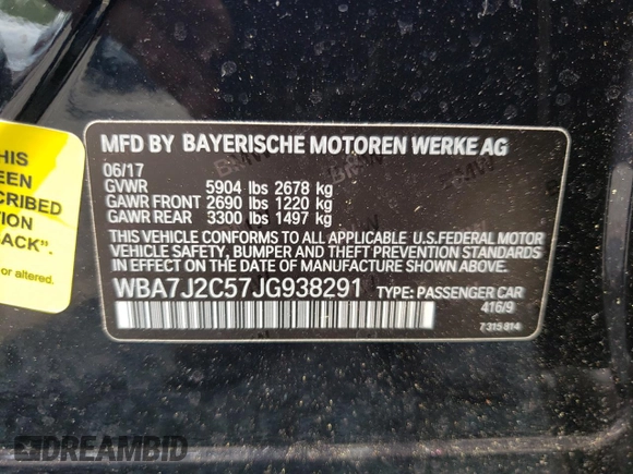 2018 BMW 7 Series 740e xDrive with VIN WBA7J2C57JG938291, listed as a Copart auction lot 58337763 with 53,259 mi miles and . Bid and sale history available at DreamBid. Image 12.