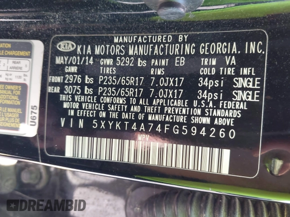 2015 Kia Sorento LX with VIN 5XYKT4A74FG594260, listed as a IAAI auction lot 42016829 with 155,026 mi miles. Bid and sale history available at carsss.com. Image 9.