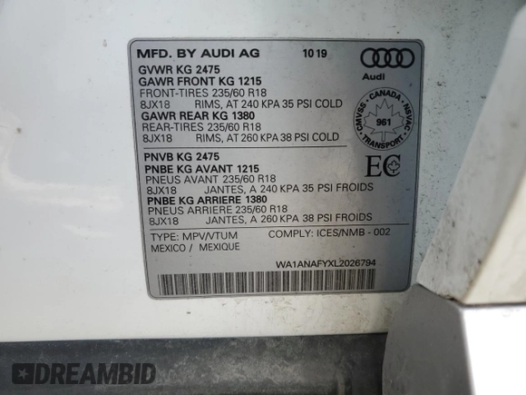 2020 Audi Q5 Premium with VIN WA1ANAFYXL2026794, listed as a Copart auction lot 44834995 with 66,010 mi miles and Salvage title. Bid and sale history available at DreamBid. Image 13.