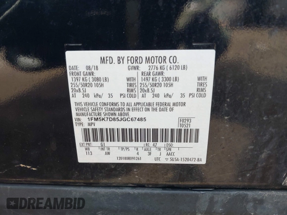 2018 Ford Explorer XLT with VIN 1FM5K7D85JGC67485, listed as a IAAI auction lot 42151574 with 96,019 mi miles and . Bid and sale history available at DreamBid. Image 9.