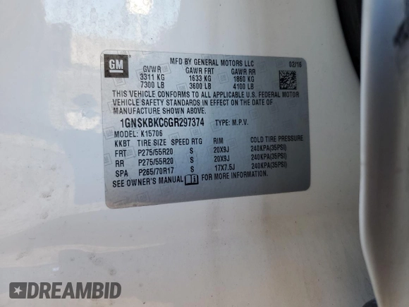 2016 Chevrolet Tahoe LT with VIN 1GNSKBKC6GR297374, listed as a Copart auction lot 46936935 with Not Provided miles and Salvage Title. Bid and sale history available at DreamBid. Image 15.