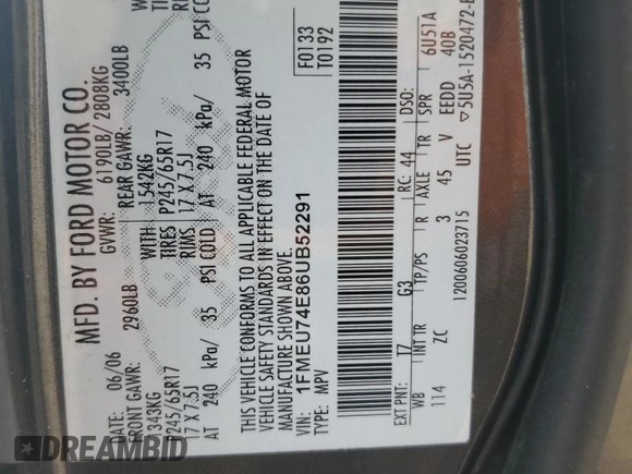 2006 Ford Explorer Eddie Bauer with VIN 1FMEU74E86UB52291, listed as a Copart auction lot 59414305 with 111,117 mi miles and Salvage title. Bid and sale history available at DreamBid. Image 14.