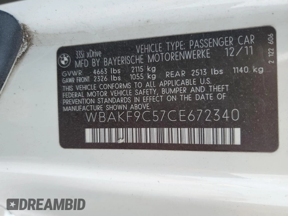 2012 BMW 3 Series 335i xDrive with VIN WBAKF9C57CE672340, listed as a Copart auction lot 78046554 with 0 mi miles and Salvage Title. Bid and sale history available at carsss.com. Image 13.