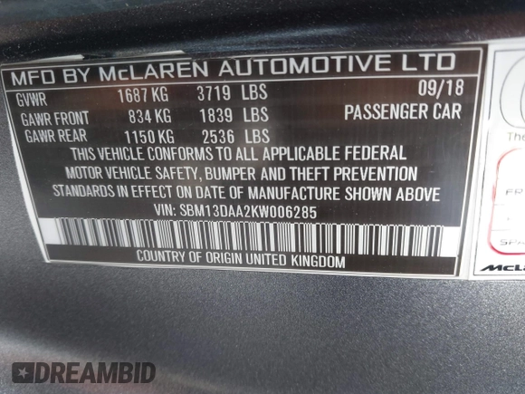 2019 McLaren 570S z VIN SBM13DAA2KW006285, wystawiony jako IAAI lot #41774081 z przebiegiem 24 032 mil mil oraz . Historia ofert i sprzedaży dostępna na DreamBid. Obrazek 9.