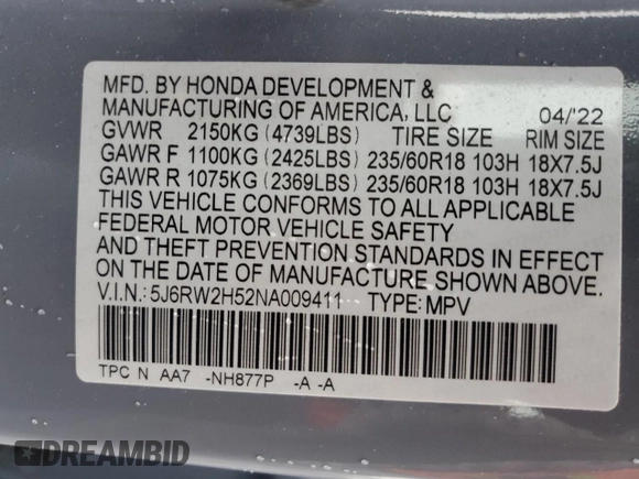 2022 Honda CR-V EX z VIN 5J6RW2H52NA009411, wystawiony jako Copart lot #52575195 z przebiegiem 20 511 mil mil oraz Szkoda całkowita • Salvage title. Historia ofert i sprzedaży dostępna na DreamBid. Obrazek 15.