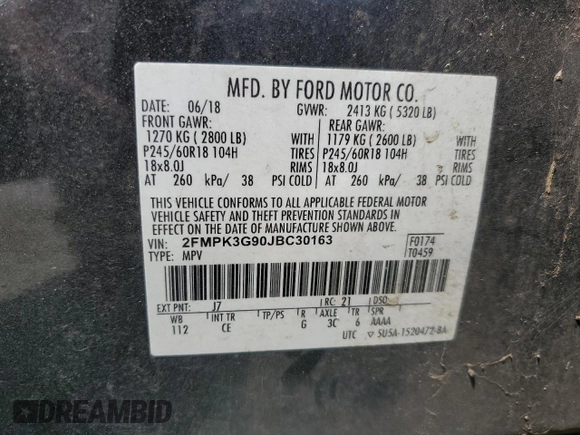 2018 Ford Edge SE с VIN 2FMPK3G90JBC30163, выставлен на аукционе Copart как лот 54497925 с пробегом 300 588 миль миль и Списание • Salvage title. История ставок и продаж доступна на DreamBid. Изображение 14.
