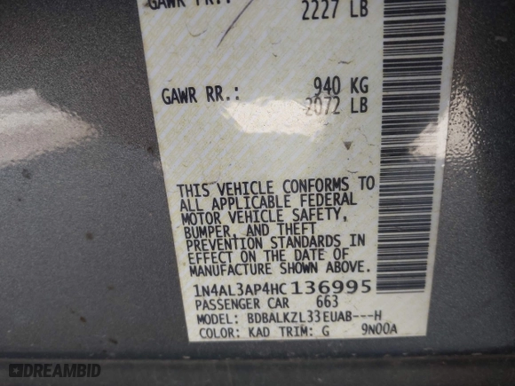 2017 Nissan Altima 2.5 SV with VIN 1N4AL3AP4HC136995, listed as a IAAI auction lot 41580400 with 92,799 mi miles. Bid and sale history available at carsss.com. Image 9.