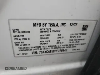 2023 Tesla Model X with VIN 7SAXCAE58PF379943, listed as a Copart auction lot 86352354 with Not Provided miles and Salvage Title. Bid and sale history available at DreamBid. Image 15.