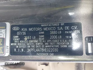 2017 Kia Forte LX with VIN 3KPFL4A78HE022030, listed as a IAAI auction lot 41129136 with 115,820 mi miles. Bid and sale history available at carsss.com. Image 9.
