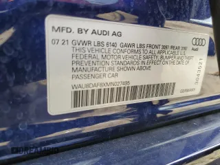 2021 Audi A8 with VIN WAU8DAF8XMN027495, listed as a Copart auction lot 50395145 with 19,508 mi miles and Salvage Title. Bid and sale history available at carsss.com. Image 12.