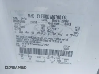 2006 Ford F-150 XL with VIN 1FTRF12W06NA21780, listed as a IAAI auction lot 41695433 with 395,355 mi miles and . Bid and sale history available at DreamBid. Image 9.