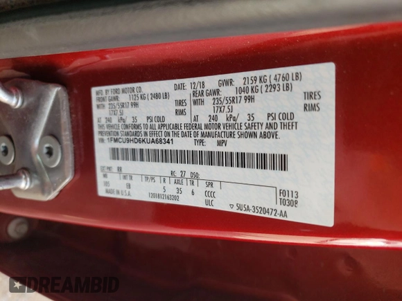 2019 Ford Escape SEL with VIN 1FMCU9HD6KUA68341, listed as a Copart auction lot 50228695 with 132,695 mi miles and Salvage Title. Bid and sale history available at DreamBid. Image 14.