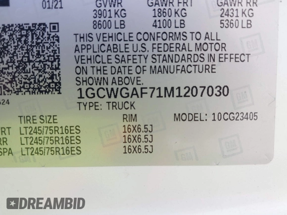 2021 Chevrolet Express Cargo z VIN 1GCWGAF71M1207030, wystawiony jako IAAI lot #42824104 z przebiegiem 40 809 mil mil oraz . Historia ofert i sprzedaży dostępna na DreamBid. Obrazek 9.