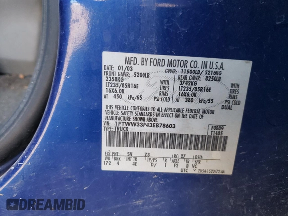 2003 Ford F-350 XL with VIN 1FTWW33P43EB78603, listed as a Copart auction lot 76317284 with 228,798 mi miles and Salvage Title. Bid and sale history available at DreamBid. Image 12.