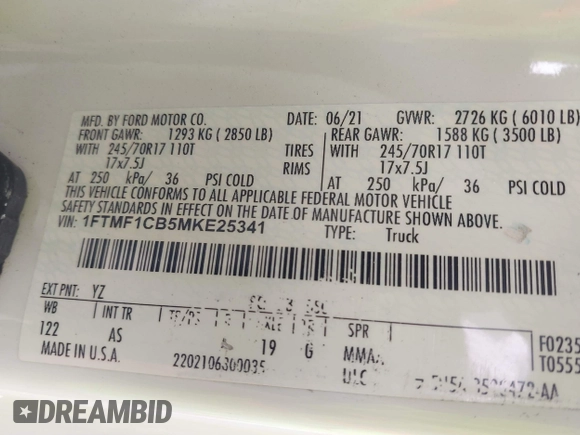 2021 Ford F-150 XL with VIN 1FTMF1CB5MKE25341, listed as a IAAI auction lot 42103478 with 125,369 mi miles and . Bid and sale history available at DreamBid. Image 9.