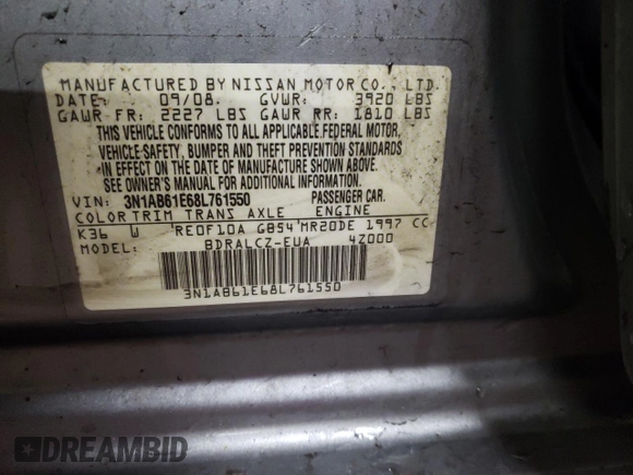 2008 Nissan Sentra S with VIN 3N1AB61E68L761550, listed as a Copart auction lot 49971445 with 128,264 mi miles and Salvage Title. Bid and sale history available at DreamBid. Image 12.