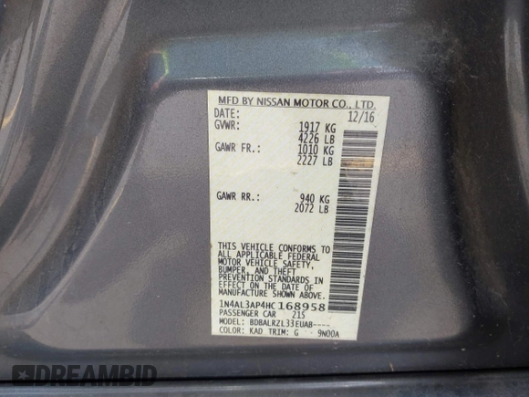 2017 Nissan Altima S with VIN 1N4AL3AP4HC168958, listed as a IAAI auction lot 42535346 with 211,853 mi miles and . Bid and sale history available at DreamBid. Image 9.