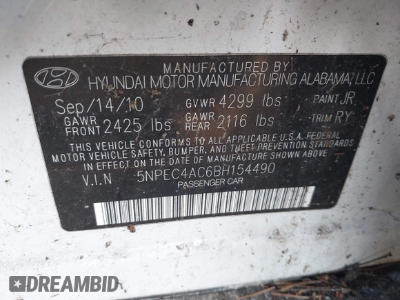 2011 Hyundai Sonata SE with VIN 5NPEC4AC6BH154490, listed as a IAAI auction lot 42012781 with 132,740 mi miles. Bid and sale history available at carsss.com. Image 9.