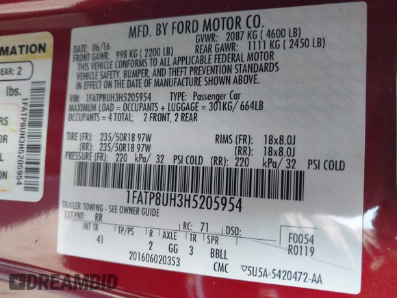 2017 Ford Mustang EcoBoost Premium with VIN 1FATP8UH3H5205954, listed as a IAAI auction lot 42083028 with 111,169 mi miles. Bid and sale history available at carsss.com. Image 9.