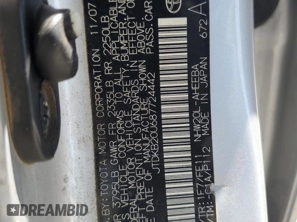 2008 Toyota Prius с VIN JTDKB20U687724442, выставлен на аукционе Copart как лот 56218865 с пробегом 439 180 миль миль и Чистый • Clean title. История ставок и продаж доступна на DreamBid. Изображение 12.