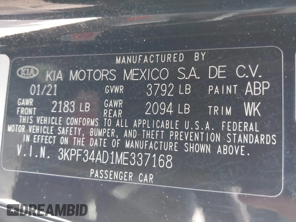 2021 Kia Forte GT-Line with VIN 3KPF34AD1ME337168, listed as a IAAI auction lot 41920207 with 62,830 mi miles and . Bid and sale history available at DreamBid. Image 9.