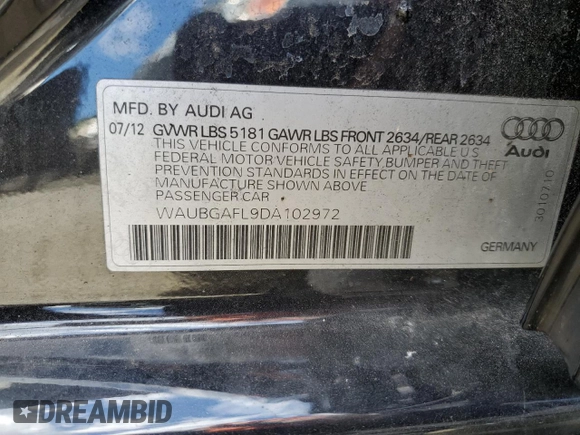 2013 Audi S4 Premium Plus with VIN WAUBGAFL9DA102972, listed as a Copart auction lot 74318964 with 0 mi miles and Salvage Title. Bid and sale history available at carsss.com. Image 12.