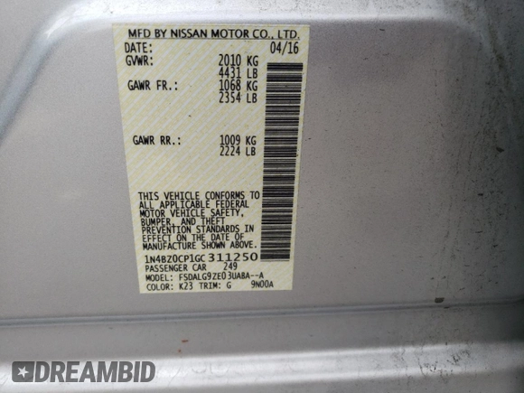 2016 Nissan LEAF S with VIN 1N4BZ0CP1GC311250, listed as a Copart auction lot 63295343 with 43,542 mi miles. Bid and sale history available at carsss.com. Image 12.