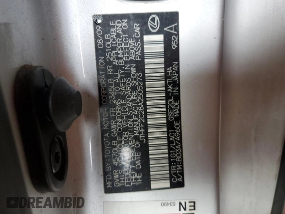 2010 Lexus IS 250 C z VIN JTHFF2C28A2505273, wystawiony jako Copart lot #44779545 z przebiegiem Nie podano mil oraz Szkoda całkowita • Salvage title. Historia ofert i sprzedaży dostępna na DreamBid. Obrazek 12.