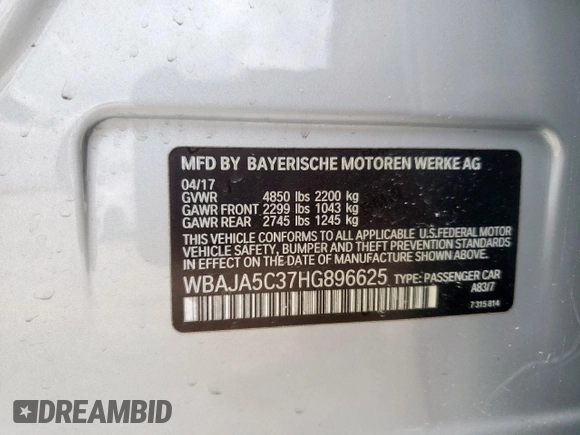 2017 BMW 5 Series 530i с VIN WBAJA5C37HG896625, выставлен на аукционе Copart как лот 58815285 с пробегом 53 058 миль миль и Списание • Salvage title. История ставок и продаж доступна на DreamBid. Изображение 12.