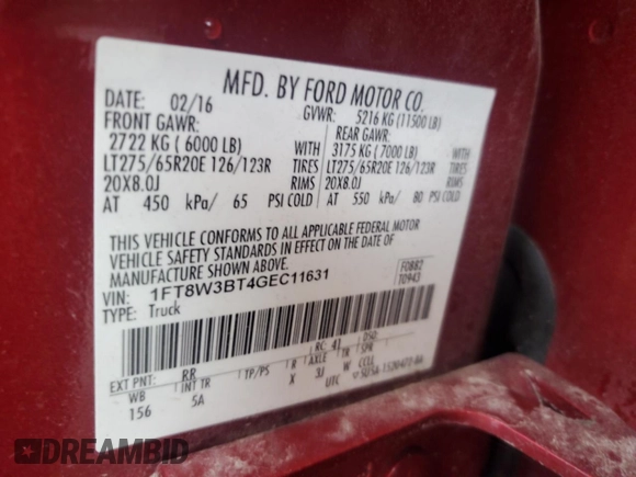 2016 Ford F-350 Platinum with VIN 1FT8W3BT4GEC11631, listed as a Copart auction lot 58581965 with 186,305 mi miles and Non repairable. Bid and sale history available at DreamBid. Image 12.