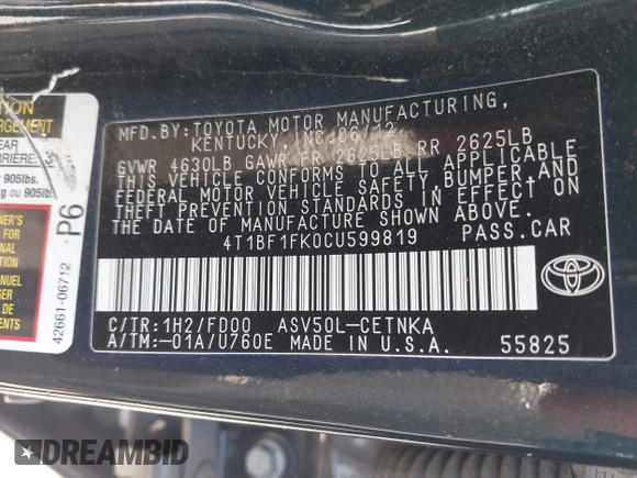 2012 Toyota Camry L with VIN 4T1BF1FK0CU599819, listed as a IAAI auction lot 42158719 with 130,038 mi miles. Bid and sale history available at carsss.com. Image 9.