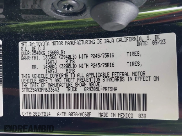2023 Toyota Tacoma SR with VIN 3TMCZ5AN3PM633643, listed as a IAAI auction lot 41787399 with 4,313 mi miles and . Bid and sale history available at DreamBid. Image 9.