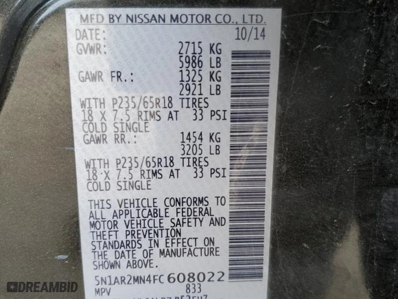 2015 Nissan Pathfinder Platinum with VIN 5N1AR2MN4FC608022, listed as a Copart auction lot 42401295 with 190,722 mi miles and Salvage Title. Bid and sale history available at carsss.com. Image 13.