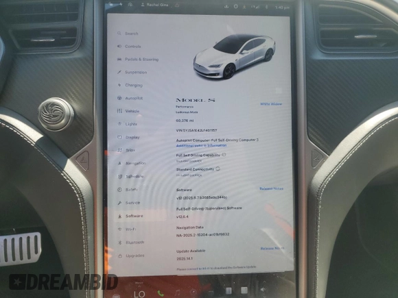 2020 Tesla Model S Performance with VIN 5YJSA1E42LF401157, listed as a Copart auction lot 55082875 with 60,376 mi miles and Salvage title. Bid and sale history available at DreamBid. Image 9.