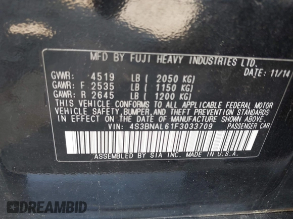 2015 Subaru Legacy Limited with VIN 4S3BNAL61F3033709, listed as a IAAI auction lot 41796190 with 169,740 mi miles and . Bid and sale history available at DreamBid. Image 9.