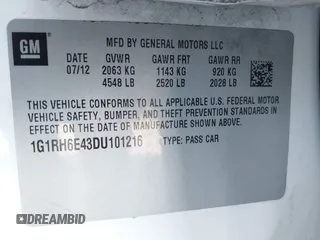 2013 Chevrolet Volt with VIN 1G1RH6E43DU101216, listed as a IAAI auction lot 41911200 with 196,960 mi miles and . Bid and sale history available at carsss.com. Image 9.