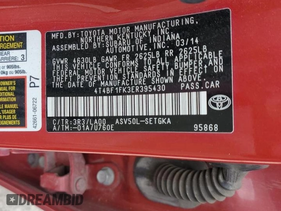 2014 Toyota Camry L with VIN 4T4BF1FK3ER395430, listed as a Copart auction lot 48236175 with 179,746 mi miles and Salvage Title. Bid and sale history available at DreamBid. Image 14.