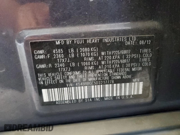 2013 Subaru Outback Premium with VIN 4S4BRBGC5D3217778, listed as a Copart auction lot 65801875 with 106,891 mi miles and Clean title. Bid and sale history available at DreamBid. Image 13.