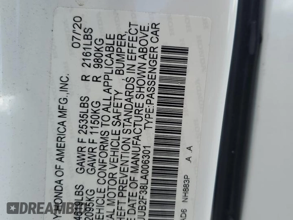 2020 Acura TLX with VIN 19UUB2F38LA006301, listed as a Copart auction lot 60717985 with 59,445 mi miles and Salvage title. Bid and sale history available at DreamBid. Image 12.