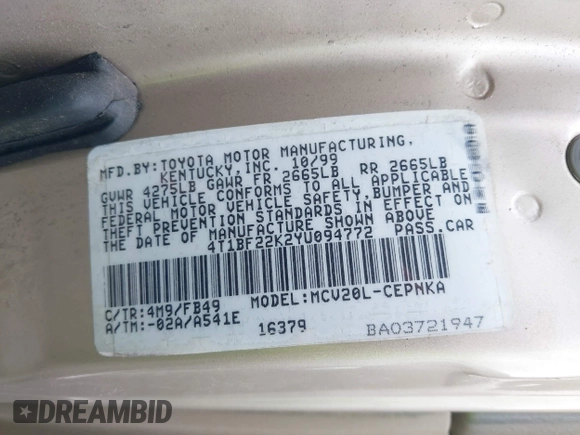 2000 Toyota Camry LE z VIN 4T1BF22K2YU094772, wystawiony jako IAAI lot #42427895 z przebiegiem 118 178 mil mil oraz . Historia ofert i sprzedaży dostępna na DreamBid. Obrazek 9.